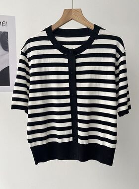 现货 M风恋小维女装知性气质通勤条纹圆领短袖针织开衫26春季新款