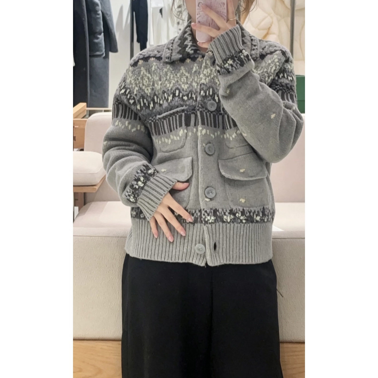 现货 复古费尔岛翻领针织开衫女秋冬单排扣宽松毛衣外套女