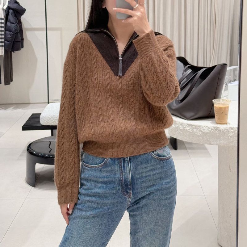 现货 焦糖棕半拉链毛衣女复古绞花针织衫宽松休闲套头上衣ED2011