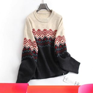 针织线衫 长袖 女毛衣 新款 拼色费尔岛提花软糯显瘦圆领2025春季