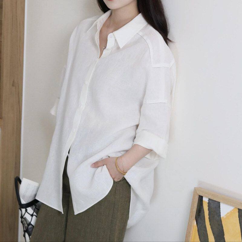 现货 恋小维100%亚麻极简白色衬衫女夏季宽松廓形七分袖防晒上衣