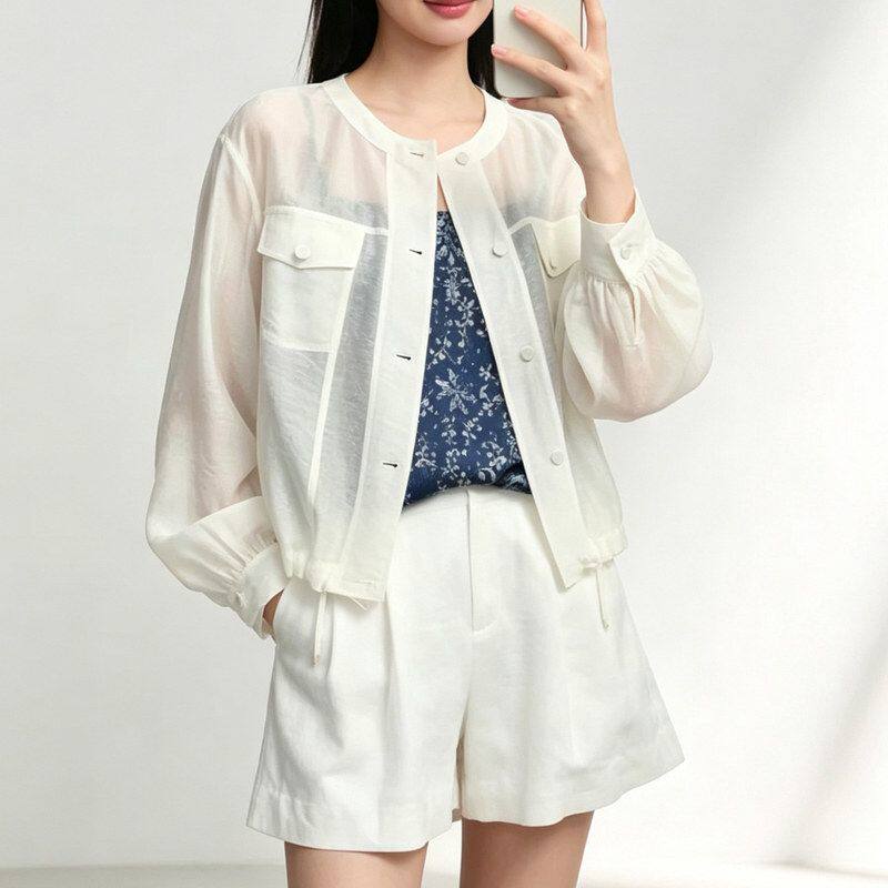 现货 2026防晒外套女夏薄款宽松短款工装风透视休闲开衫上衣
