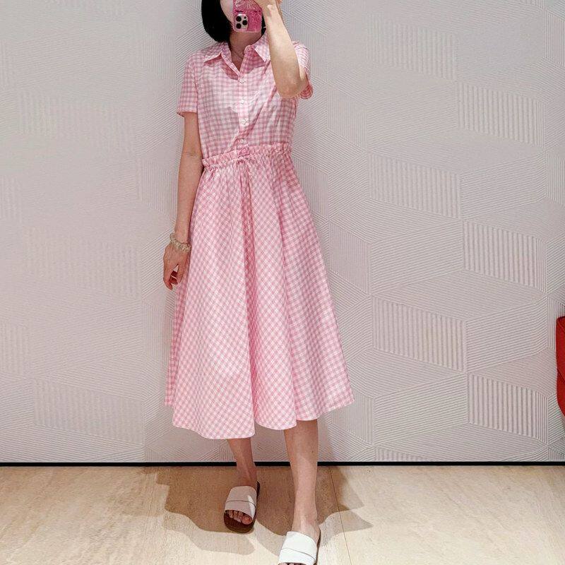 现货 鄂系风粉色格子衬衫领连衣裙女夏季收腰显瘦中长款气质a字裙