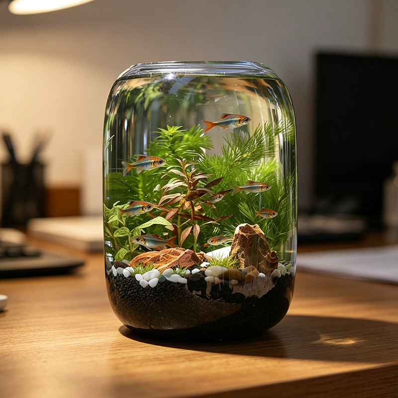 桌面小鱼缸小型玻璃鱼缸生态鱼缸易打理生态缸微景观diy科学作业
