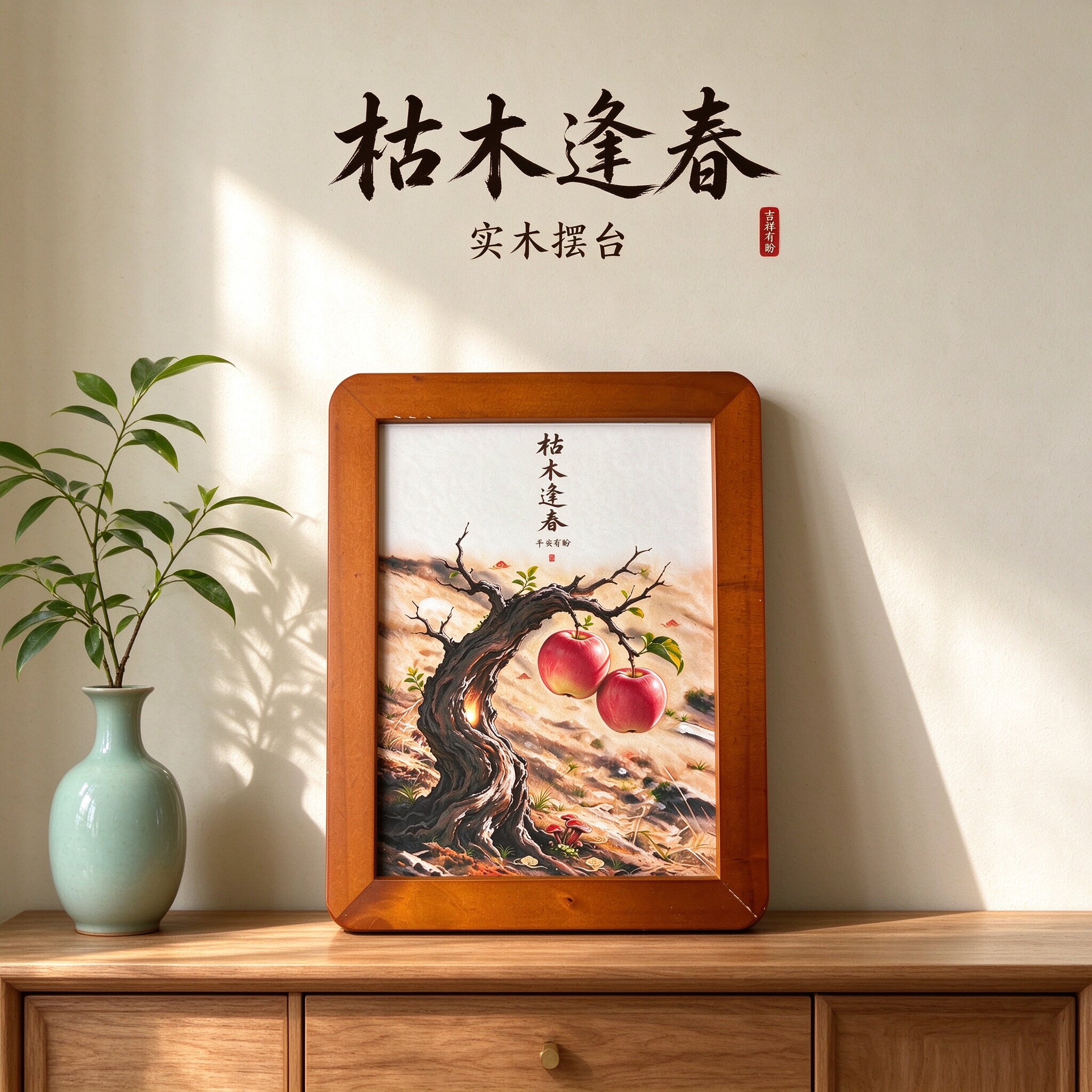新中式枯木逢春实木摆台相框