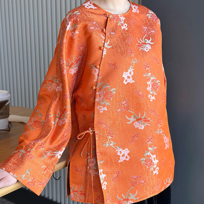 高定系列 新中式国风美学 宋锦提花斜襟系带宽松圆领长袖衬衫上衣