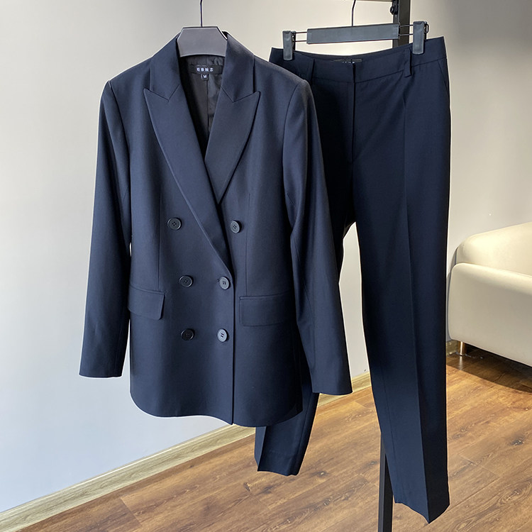 藏青斜纹羊毛精纺双排扣修身西服