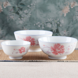 釉下彩高温陶瓷粉色牡丹富贵碗家用高脚防烫乔迁商用吉祥碗