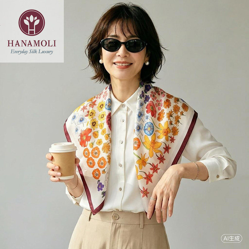 HANAMOLI桑蚕丝丝巾女2025新款方巾妈妈秋季高级真丝印花围巾礼盒