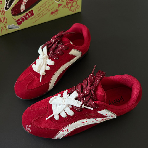 Jifffly红色德训鞋女苹果鞋薄底赛车鞋2025秋冬新款复古百搭休闲