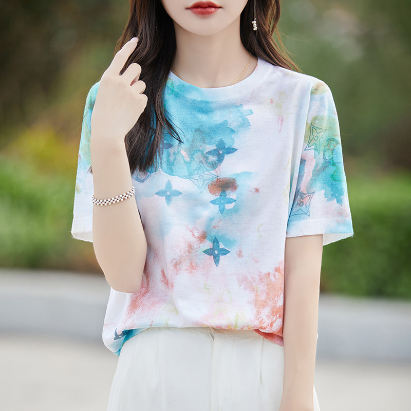 夏季新款女士桑蚕丝圆领印花半袖宽松短款短袖T恤针织打底衫薄款