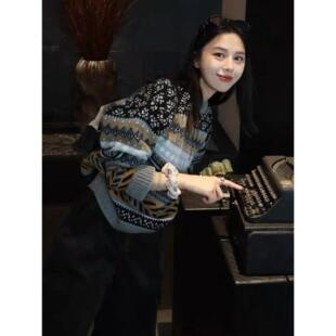 100%纯羊毛风高端毛衣秋冬欧货慵懒费尔岛提花打底加厚圆领针织衫