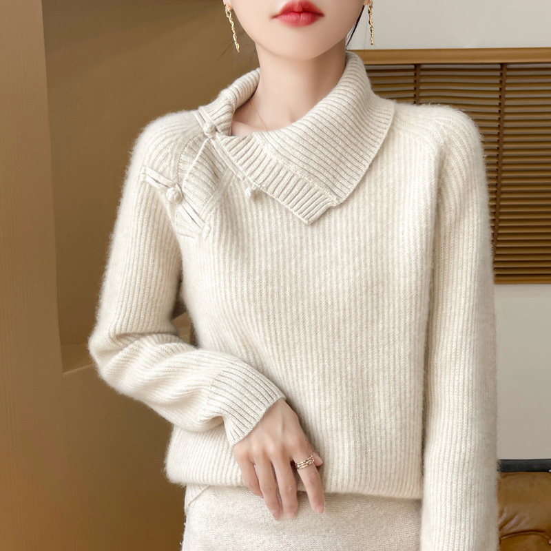 新中式侧翻领100纯羊毛衫女