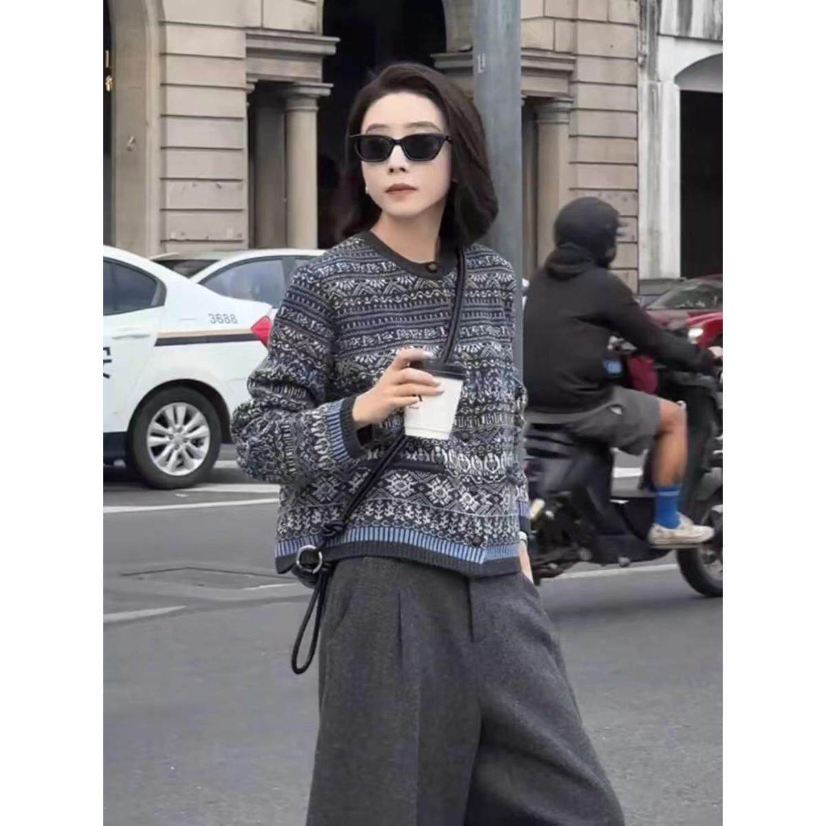 提花设计感复古大码花色羊毛衫圆领针织纯毛衣开衫女外套100%加厚