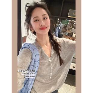 宽松面膜系领天丝微透T恤衫慵懒格雷长袖女半开针织衫防晒薄款风