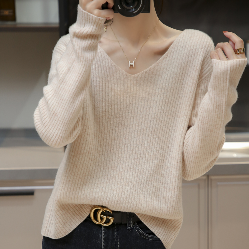 秋冬100羊毛衫女V领宽松慵懒套头