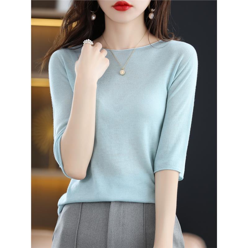 夏羊毛桑蚕丝t恤女针织短