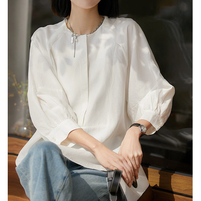 春夏新款白色小众温柔气质设计感莱赛尔亚麻灯笼袖圆领套头衬衫