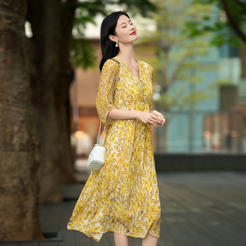 优雅柔美！春夏新品法式气质显瘦显高真丝印花五分袖中长款连衣裙