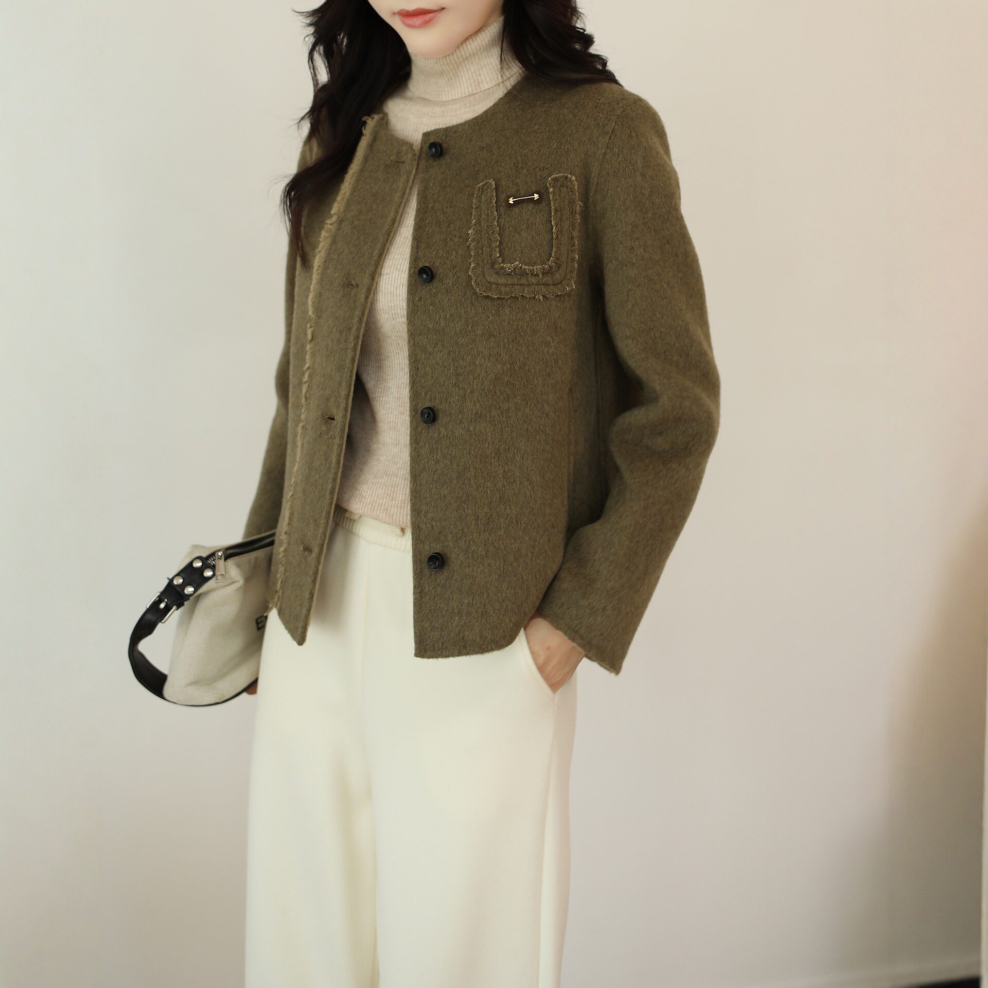 知性优雅！秋冬新款小个子显瘦气质圆领短款双面羊绒毛呢外套大衣
