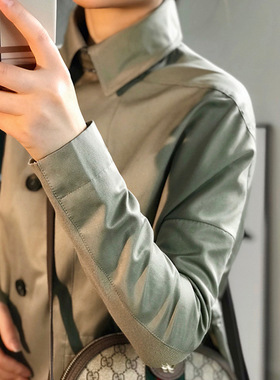 OL轻奢！春秋新款绿色棉麻高品质小个子薄短款衬衫风衣外套女装