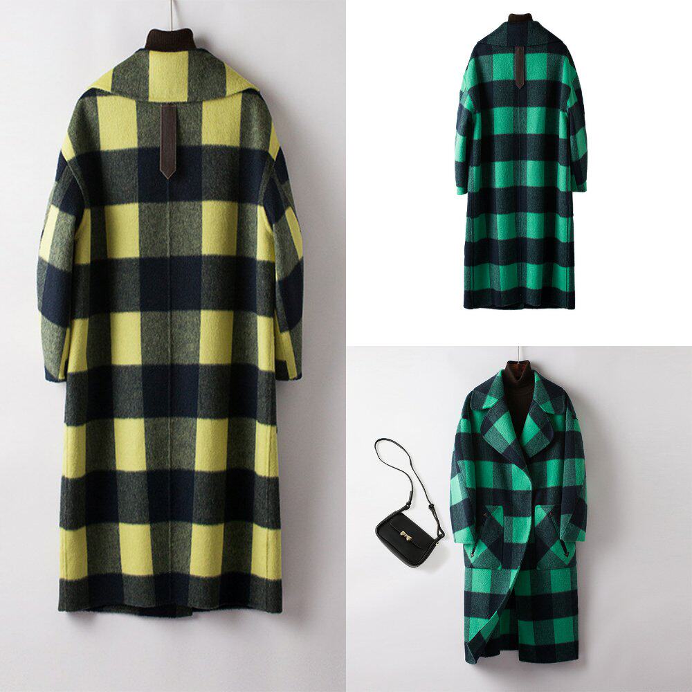 秋冬新款手缝双面羊绒大衣女加长款韩版宽松气质格子羊毛外套