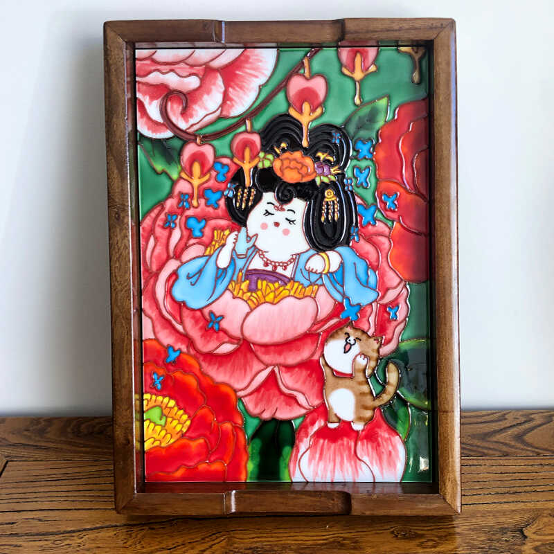 长方形手绘家居新中式榆木瓷板画