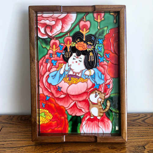 长方形手绘家居新中式榆木瓷板画