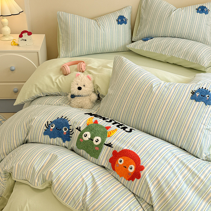 ESIX一乐家纺全棉磨毛四件套儿童卡通毛巾绣床上用品纯棉三件套