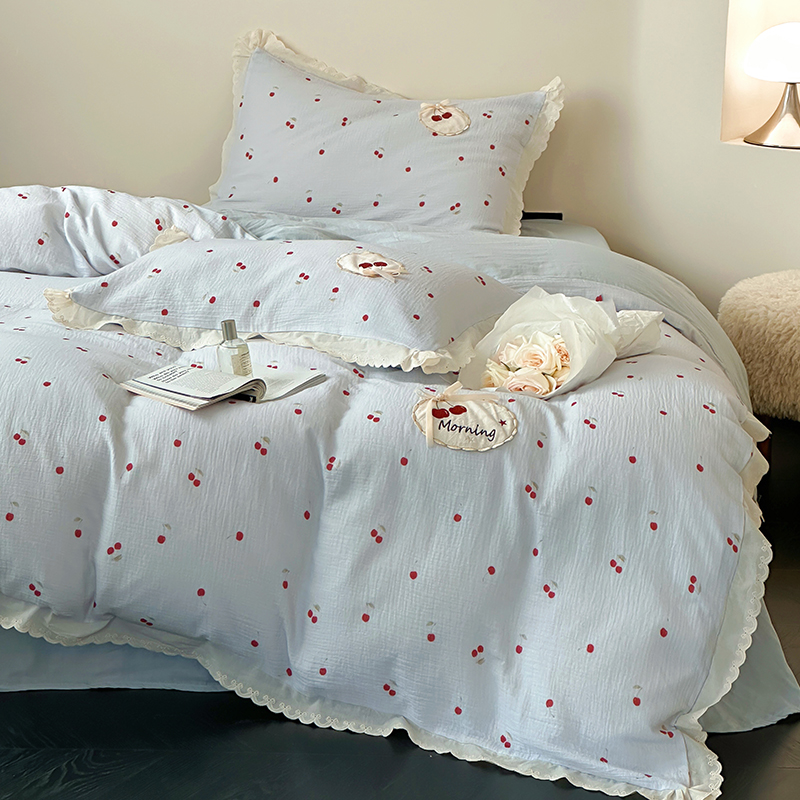 ESIX一乐家纺全棉皱皱双层纱四件套A类刺绣数码印花床品套件