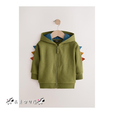 NEXT英国男童装正品25春男宝绿色卡通恐龙锯齿连帽拉链卫衣外套