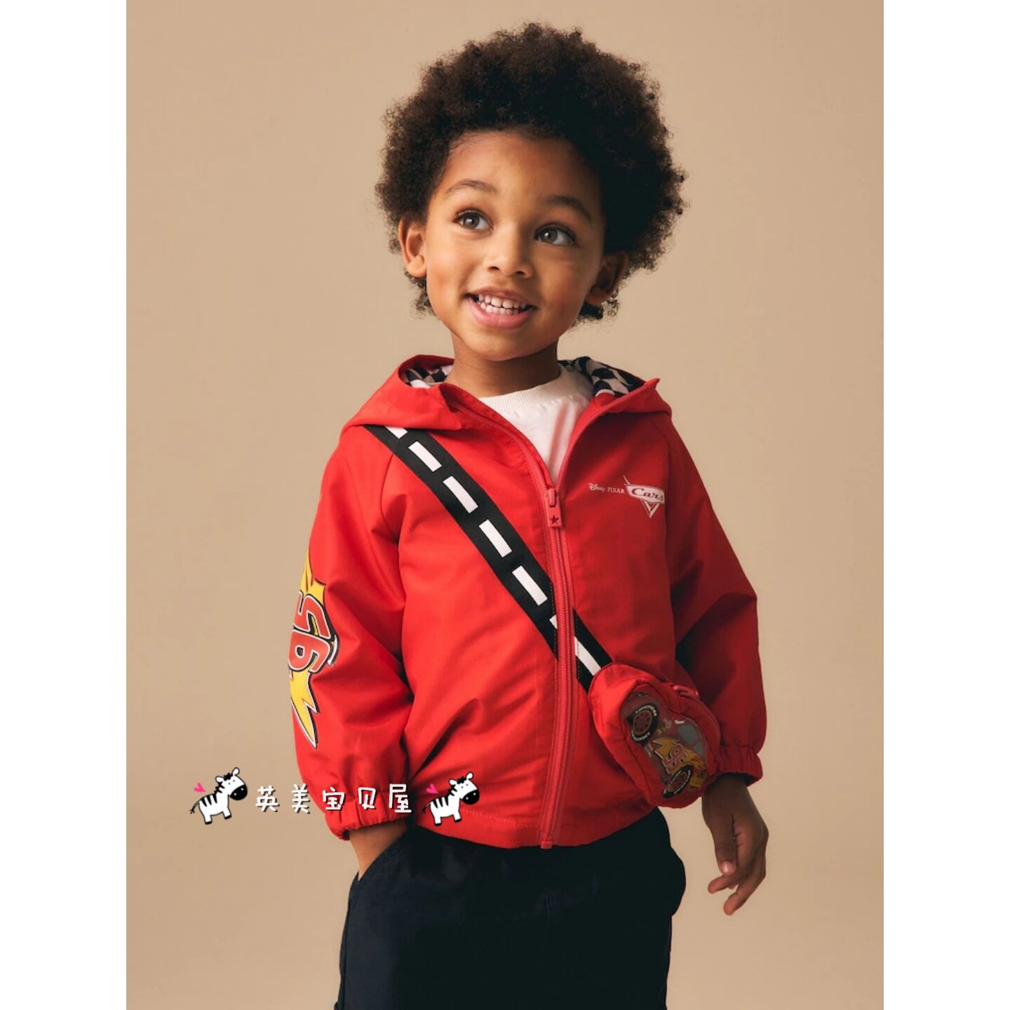 NEXT英国男童装26春男宝红色卡通汽车总动员斜挎包连帽夹克外套