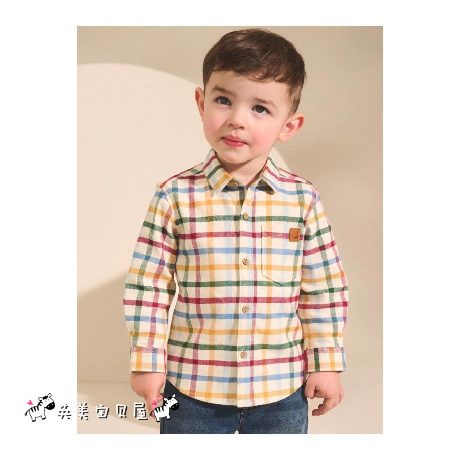 NEXT英国男童装正品25秋男宝红黄蓝绿色彩色英伦格子长袖衬衣衬衫