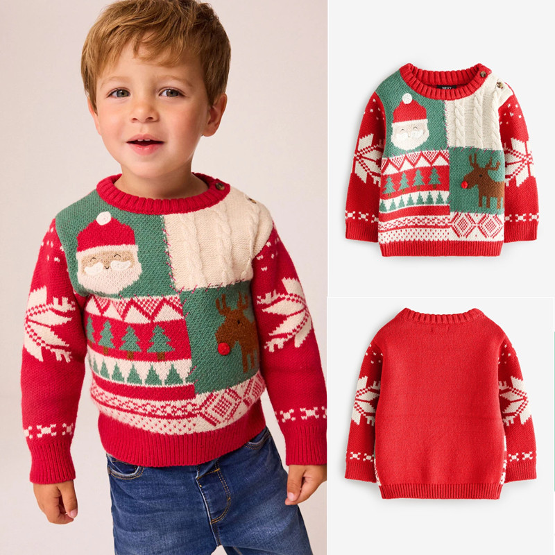 现货NEXT英国男童女童装秋冬卡通圣诞老人麋鹿雪花拼接针织衫毛衣