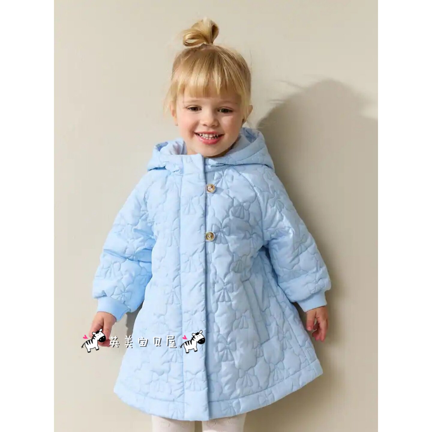 NEXT英国女童装26春女宝蓝色蝴蝶结绗缝连帽中长款夹棉夹克外套