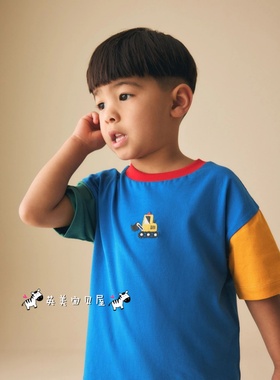 NEXT英国男童装正品26夏男宝黄蓝绿色拼接卡通挖掘机纯棉短袖T恤