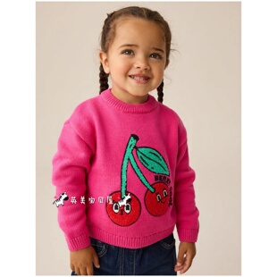 NEXT英国女童装正品25秋冬女宝亮粉色卡通樱桃笑脸绣花针织衫毛衣
