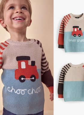 现货NEXT英国男童装正品秋冬男宝条纹拼接卡通火车纯棉针织衫毛衣