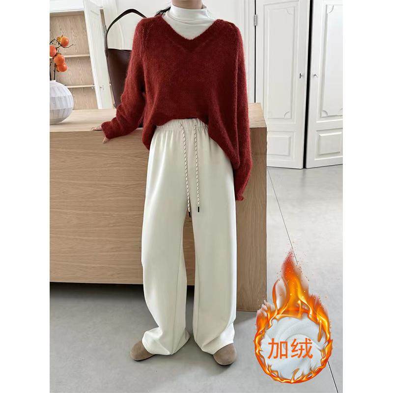 慵懒复古抽绳糯米绒磨毛阔腿裤女秋款松弛垂感拖地直筒休闲裤,女装/女士精品,休闲裤,淘宝优惠券,粉丝福利购,淘宝优惠卷