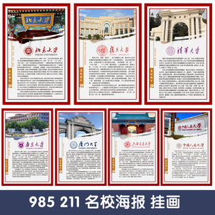 中国名校海报贴纸985名牌大学简介挂画图211北京清华大学装 饰画