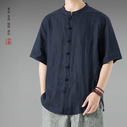 100%纯亚麻新款男短袖衬衫中国风立领夏季薄款衬衣盘扣复古休闲
