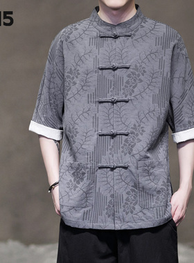 夏季纯棉唐装男潮牌复古青年中国风盘扣衬衫短袖中华立领中山衬衣