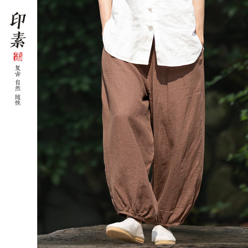 印素夏季薄款100%纯亚麻裤男宽松休闲中国风阔腿九分裤男灯笼裤