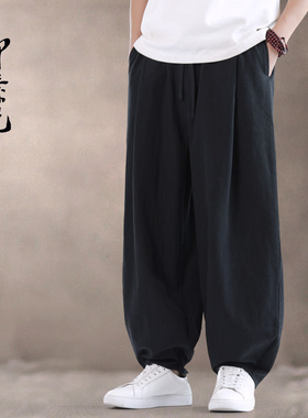 春秋中式棉麻太极灯笼裤亚麻休闲裤阔腿裤中国风男士汉服裤道服裤