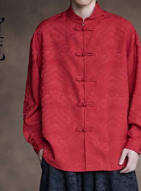 秋款中国风唐装男装复古盘扣情侣上衣男中式立领薄红色外套夹克