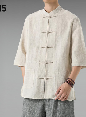 夏季薄款唐装男复古青年中国风亚麻盘扣短袖衬衫棉麻立领中山衬衣
