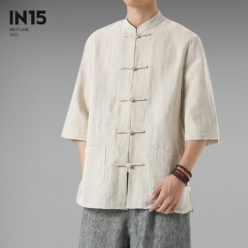 夏季薄款中国风亚麻盘扣短袖衬衫