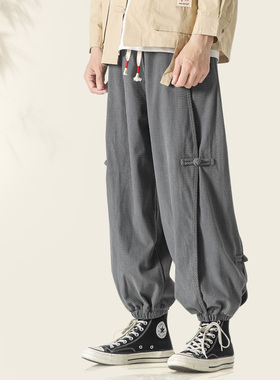 中国风束脚盘扣古风宽松春秋季裤子男休闲裤哈伦裤抽绳收腿裤子