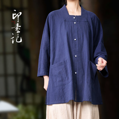 100%纯棉方领夏季中式七分袖衬衫男唐装国风禅意茶服宽松情侣汉服