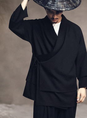 暗黑系秋季中长款汉服中国风男装假两件唐装外套亚麻道服大码道袍